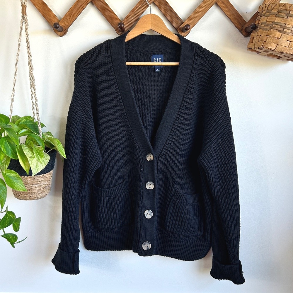 Gap Womens Black Shaker Stitch Knit Cardigan Sweater V-Neck Large